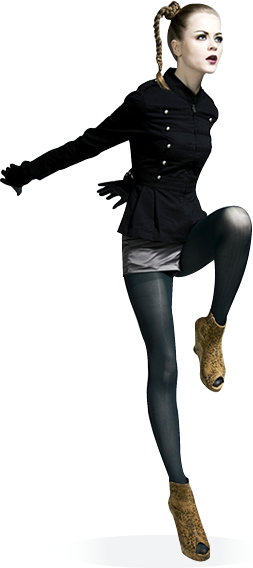 A pale-skin female model with platted hair wears a dark button-up jacket with gray shorts, black tights, brown shoes, and black gloves. She throws both arms back and raises one knee -- as if mid-jump -- whilst looking into the distance